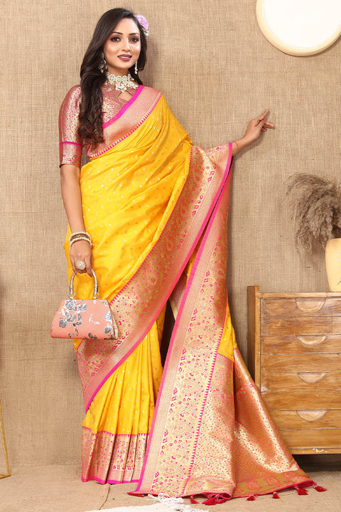 VastraLakshmi Desuetude Yellow Soft Banarasi Silk Saree With Incredible Blouse Piece