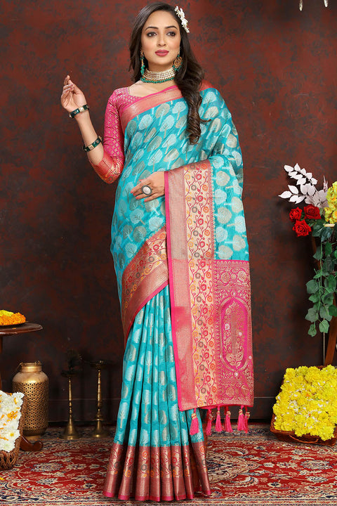 VastraLakshmi Surreptitious Firozi Soft Banarasi Silk Saree With Felicitous Blouse Piece