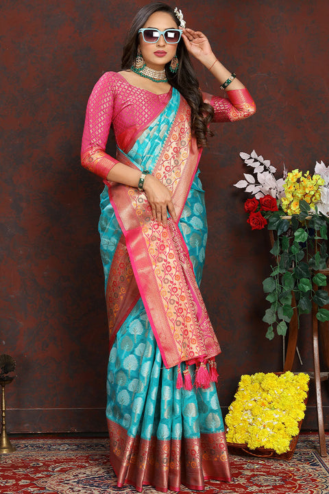 VastraLakshmi Surreptitious Firozi Soft Banarasi Silk Saree With Felicitous Blouse Piece