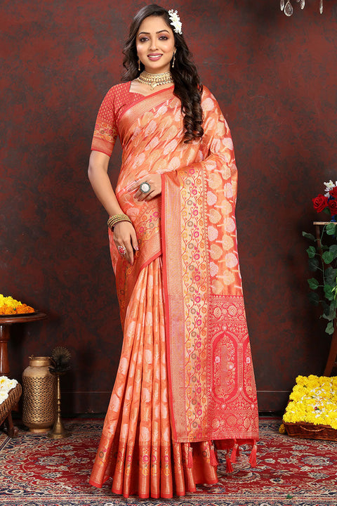 VastraLakshmi Snappy Orange Soft Banarasi Silk Saree With Improbable Blouse Piece