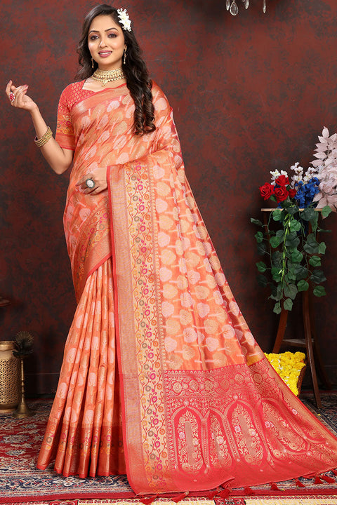 VastraLakshmi Snappy Orange Soft Banarasi Silk Saree With Improbable Blouse Piece