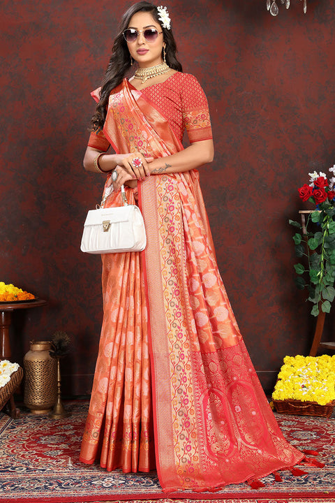 VastraLakshmi Snappy Orange Soft Banarasi Silk Saree With Improbable Blouse Piece