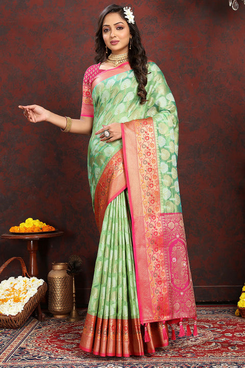 VastraLakshmi Lustrous Pista Soft Banarasi Silk Saree With Enamoring Blouse Piece