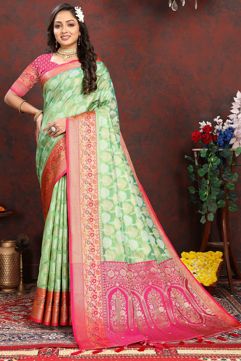 VastraLakshmi Lustrous Pista Soft Banarasi Silk Saree With Enamoring Blouse Piece