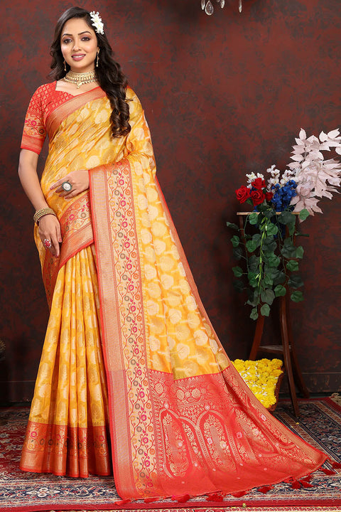 VastraLakshmi Enigmatic Yellow Soft Banarasi Silk Saree With Snappy Blouse Piece