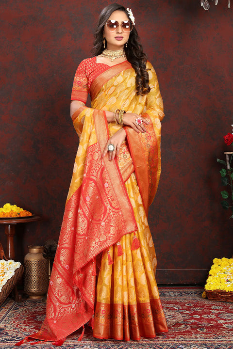 VastraLakshmi Enigmatic Yellow Soft Banarasi Silk Saree With Snappy Blouse Piece