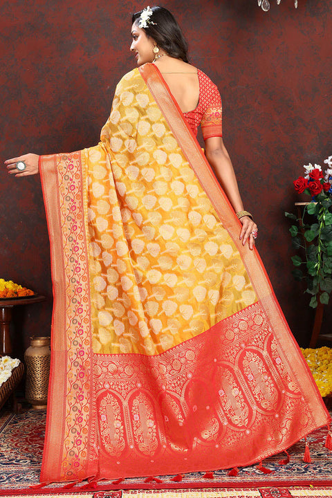 VastraLakshmi Enigmatic Yellow Soft Banarasi Silk Saree With Snappy Blouse Piece