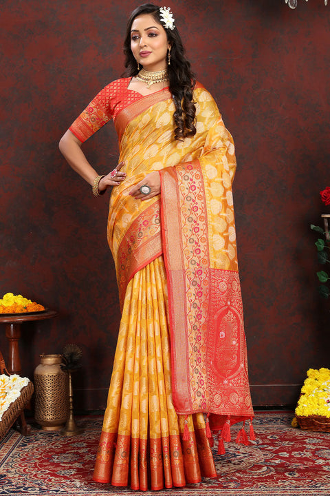 VastraLakshmi Enigmatic Yellow Soft Banarasi Silk Saree With Snappy Blouse Piece