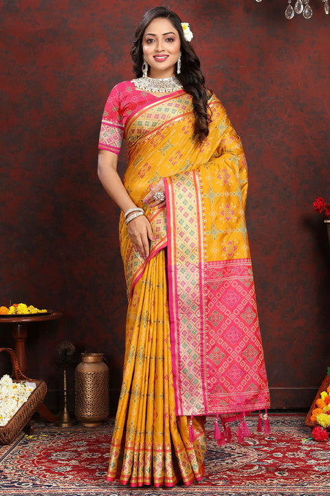 VastraLakshmi Quixotic Yellow Soft Banarasi Silk Saree With Whimsical Blouse Piece