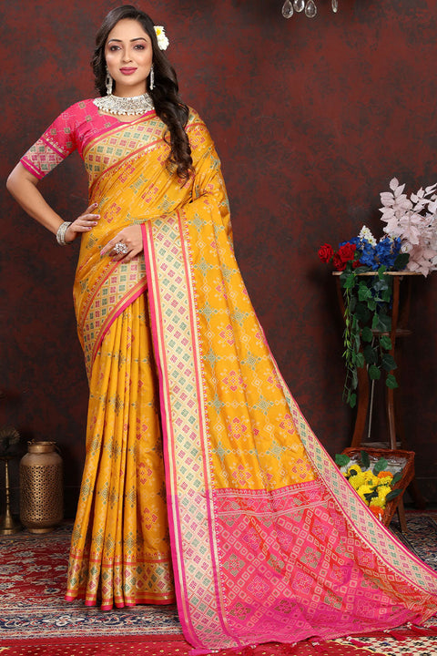 VastraLakshmi Quixotic Yellow Soft Banarasi Silk Saree With Whimsical Blouse Piece