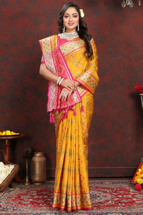 VastraLakshmi Quixotic Yellow Soft Banarasi Silk Saree With Whimsical Blouse Piece