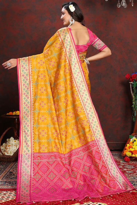 VastraLakshmi Quixotic Yellow Soft Banarasi Silk Saree With Whimsical Blouse Piece