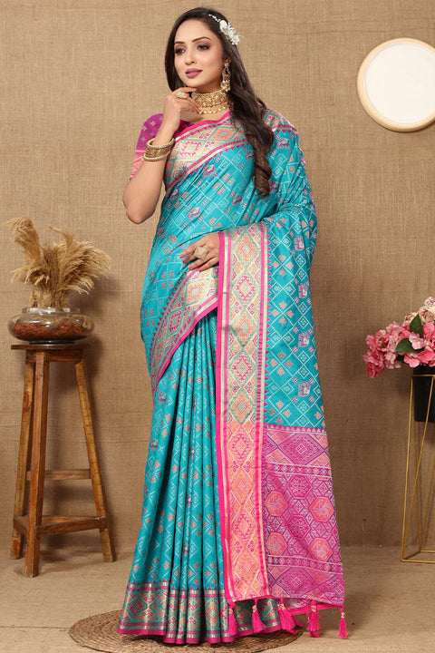 VastraLakshmi Luxuriant Firozi Soft Banarasi Silk Saree With Prodigal Blouse Piece