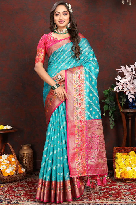 VastraLakshmi Sophisticated Firozi Soft Banarasi Silk Saree With Phenomenal Blouse Piece