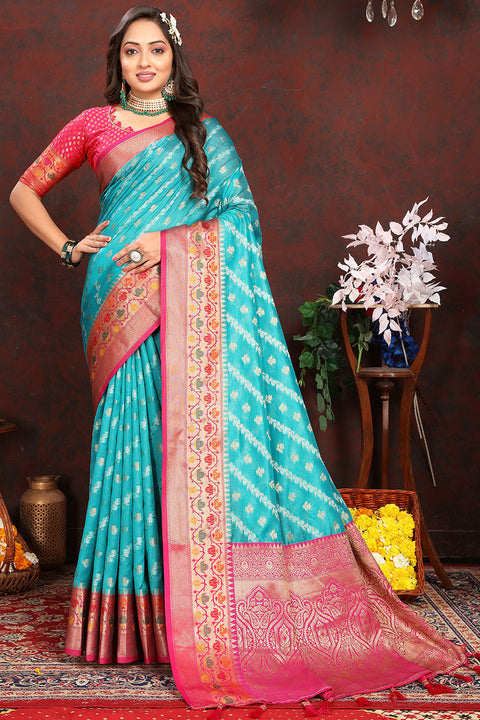 VastraLakshmi Sophisticated Firozi Soft Banarasi Silk Saree With Phenomenal Blouse Piece