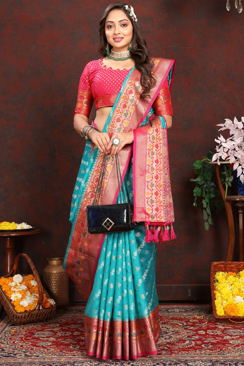 VastraLakshmi Sophisticated Firozi Soft Banarasi Silk Saree With Phenomenal Blouse Piece