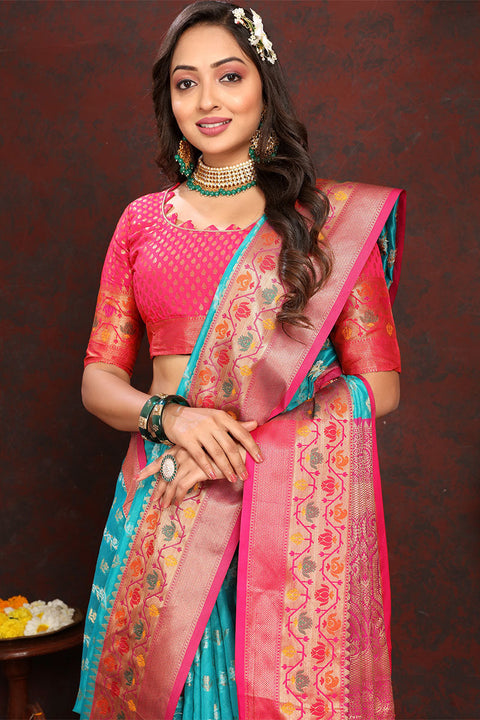 VastraLakshmi Sophisticated Firozi Soft Banarasi Silk Saree With Phenomenal Blouse Piece