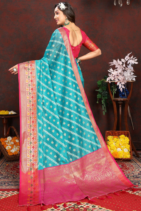 VastraLakshmi Sophisticated Firozi Soft Banarasi Silk Saree With Phenomenal Blouse Piece