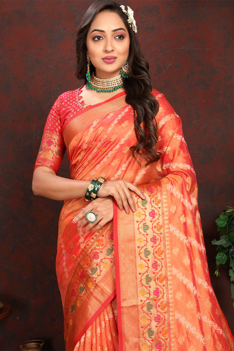 VastraLakshmi Jazzy Orange Soft Banarasi Silk Saree With Groovy Blouse Piece