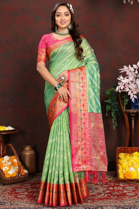 VastraLakshmi Eloquence Pista Soft Banarasi Silk Saree With Imbrication Blouse Piece