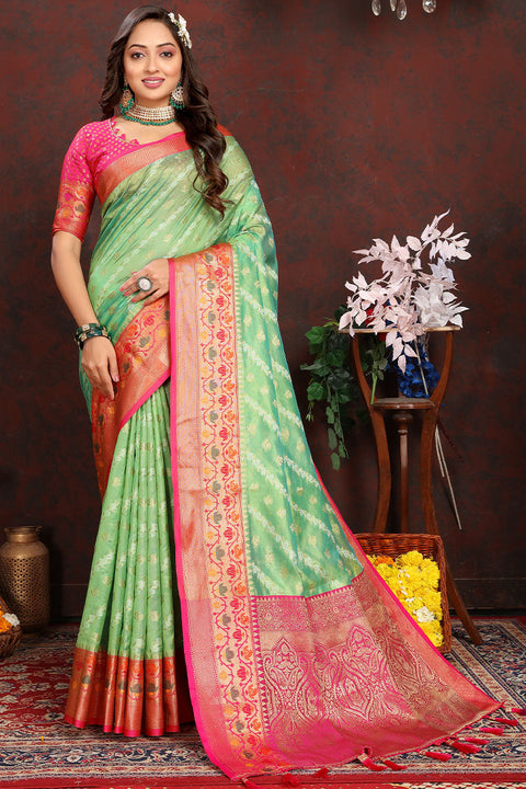 VastraLakshmi Eloquence Pista Soft Banarasi Silk Saree With Imbrication Blouse Piece