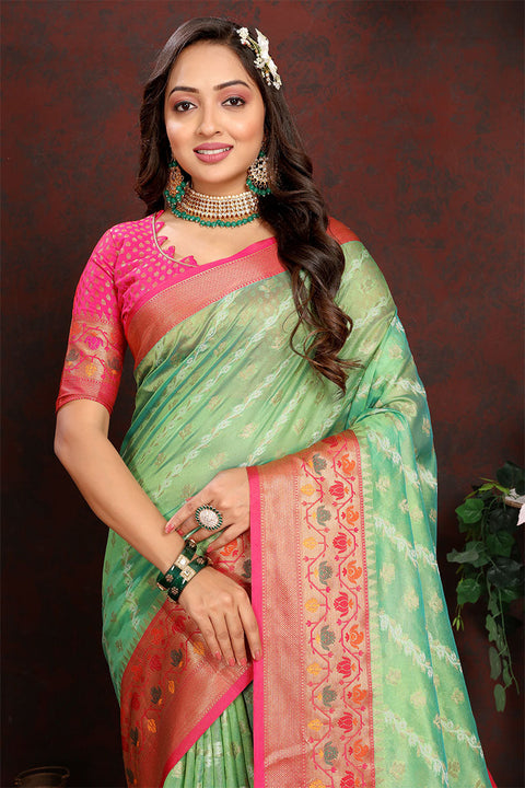 VastraLakshmi Eloquence Pista Soft Banarasi Silk Saree With Imbrication Blouse Piece