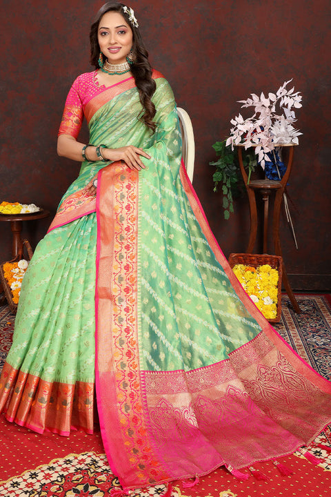 VastraLakshmi Eloquence Pista Soft Banarasi Silk Saree With Imbrication Blouse Piece