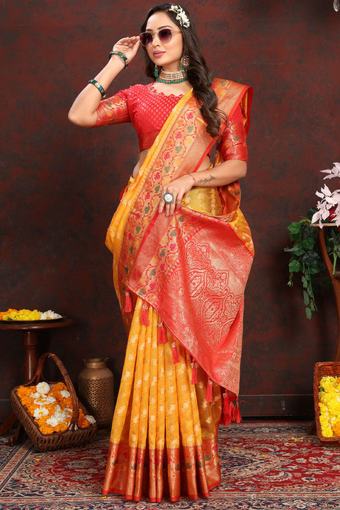 VastraLakshmi Vestigial Yellow Soft Banarasi Silk Saree With Splendiferous Blouse Piece