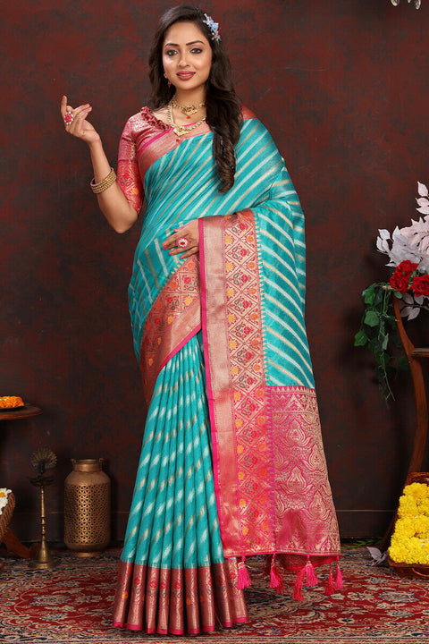 VastraLakshmi Enticing Firozi Soft Banarasi Silk Saree With Twirling Blouse Piece