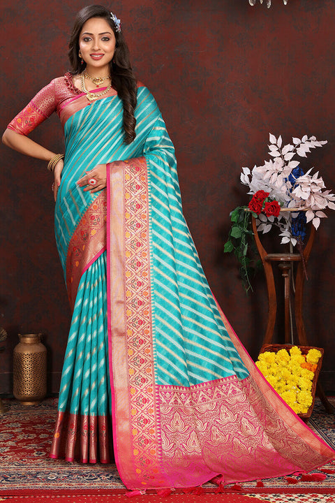 VastraLakshmi Enticing Firozi Soft Banarasi Silk Saree With Twirling Blouse Piece