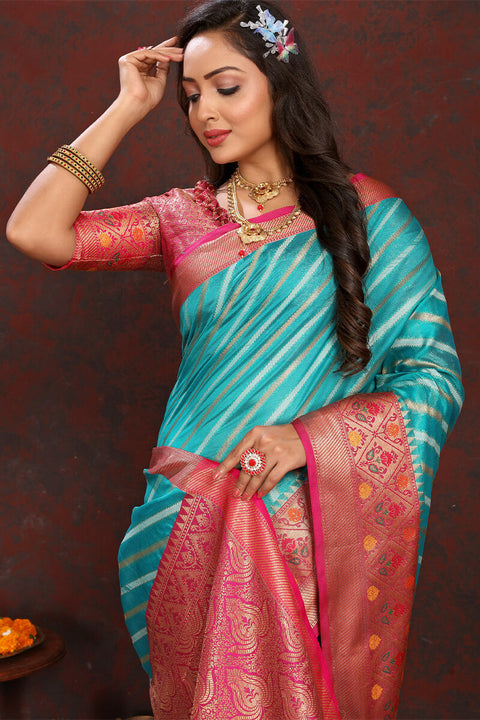 VastraLakshmi Enticing Firozi Soft Banarasi Silk Saree With Twirling Blouse Piece