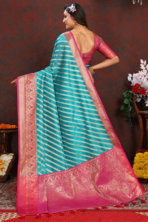 VastraLakshmi Enticing Firozi Soft Banarasi Silk Saree With Twirling Blouse Piece