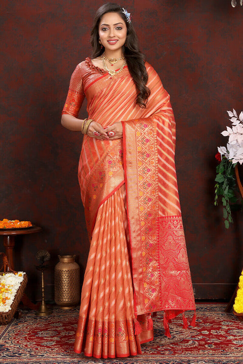 VastraLakshmi Pleasant Orange Soft Banarasi Silk Saree With Radiant Blouse Piece