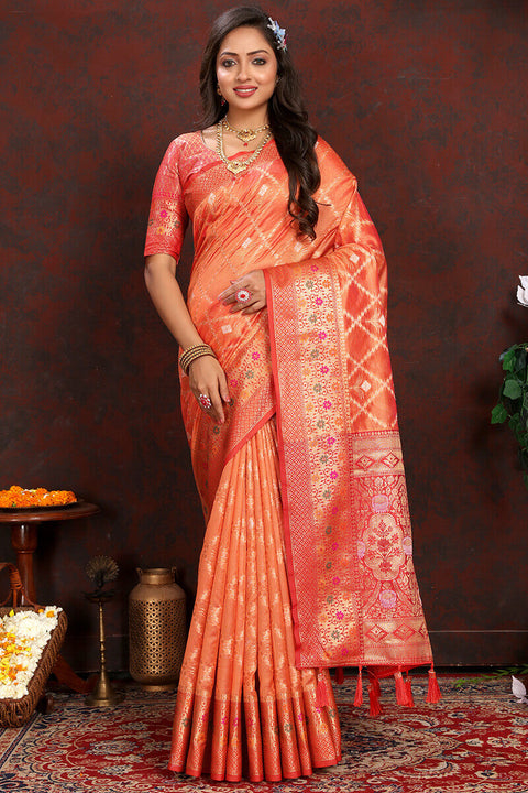 VastraLakshmi Invaluable Orange Soft Banarasi Silk Saree With Appealing Blouse Piece