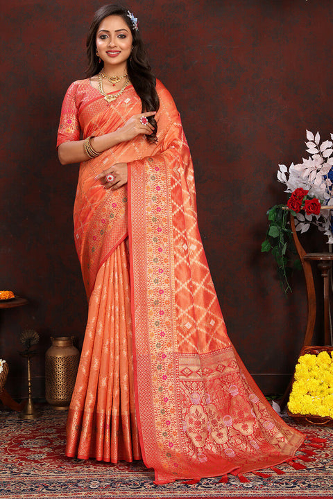 VastraLakshmi Invaluable Orange Soft Banarasi Silk Saree With Appealing Blouse Piece