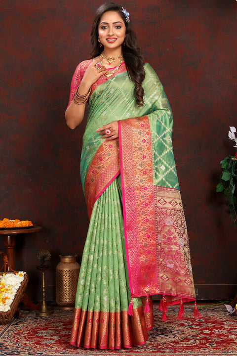 VastraLakshmi Twirling Pista Soft Banarasi Silk Saree With Traditional Blouse Piece