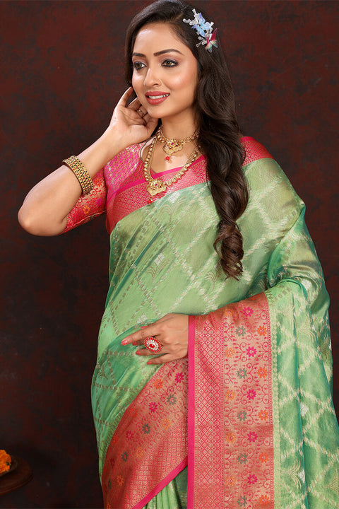 VastraLakshmi Twirling Pista Soft Banarasi Silk Saree With Traditional Blouse Piece