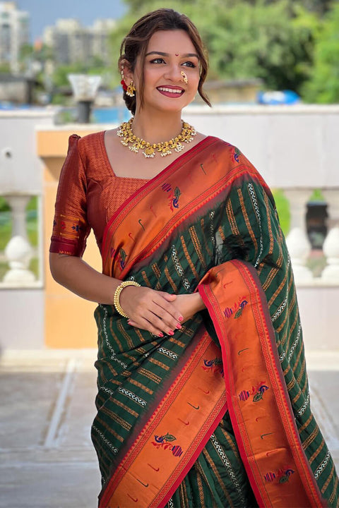 VastraLakshmi Classy Dark Green Paithani Silk Saree With Adorning Blouse Piece