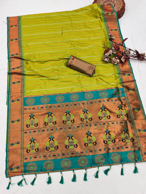 VastraLakshmi Mesmeric Mehndi Paithani Silk Saree With Fancifull Blouse Piece