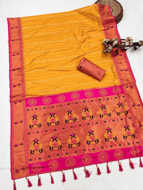 VastraLakshmi Transcendent Yellow Paithani Silk Saree With Enigmatic Blouse Piece