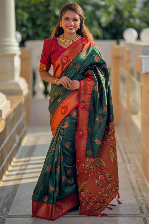 VastraLakshmi Rhapsodic Dark Green Paithani Silk Saree With Ineffable Blouse Piece