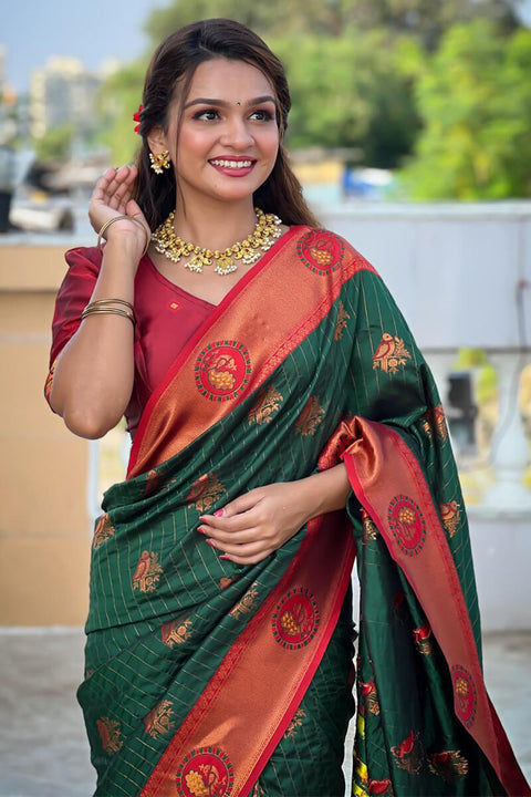 VastraLakshmi Rhapsodic Dark Green Paithani Silk Saree With Ineffable Blouse Piece