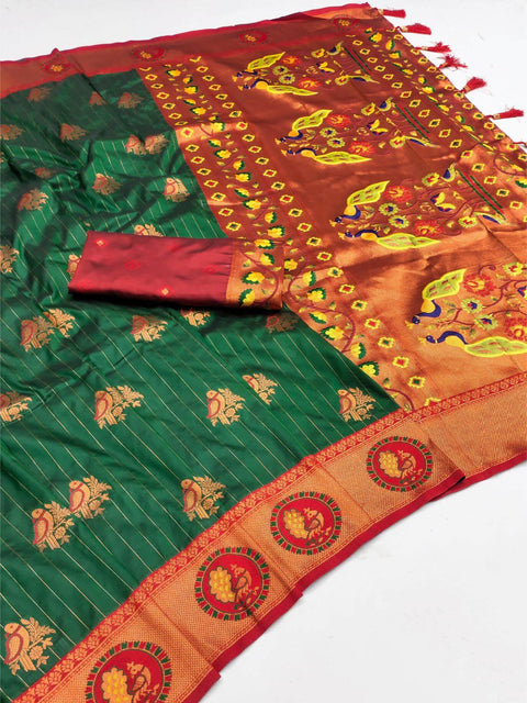 VastraLakshmi Rhapsodic Dark Green Paithani Silk Saree With Ineffable Blouse Piece