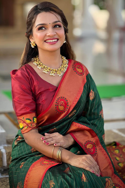 VastraLakshmi Rhapsodic Dark Green Paithani Silk Saree With Ineffable Blouse Piece