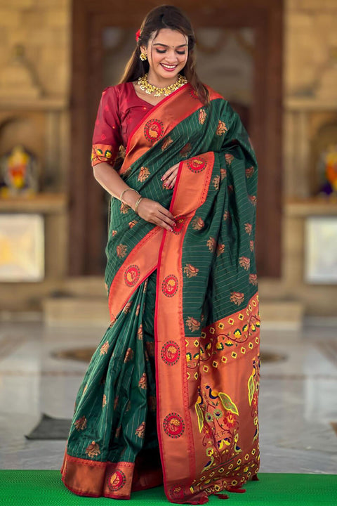 VastraLakshmi Rhapsodic Dark Green Paithani Silk Saree With Ineffable Blouse Piece