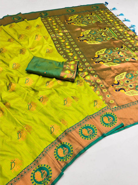 VastraLakshmi Pulsating Parrot Paithani Silk Saree With Jubilant Blouse Piece