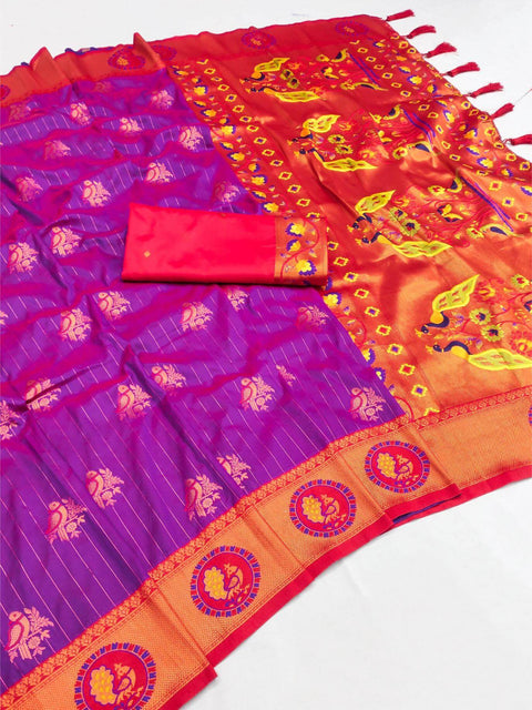 VastraLakshmi Profuse Purple Paithani Silk Saree With Artistic Blouse Piece