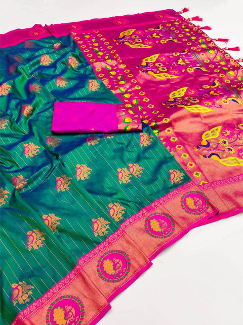 VastraLakshmi Pleasurable Rama Paithani Silk Saree With Scintilla Blouse Piece