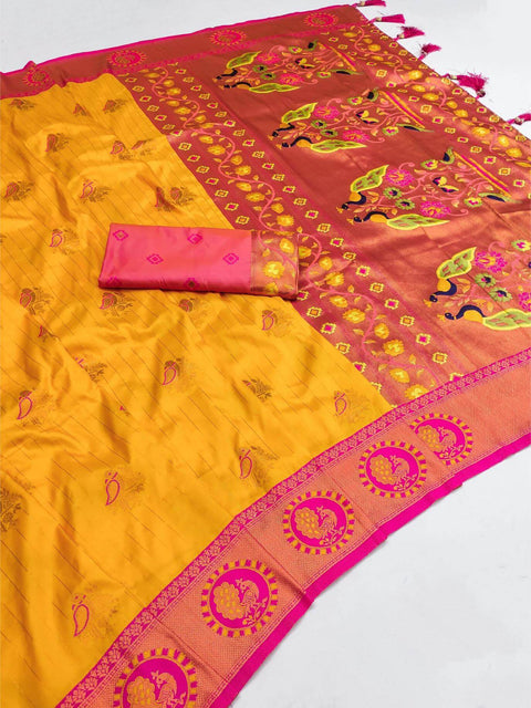 VastraLakshmi Mellifluous Yellow Paithani Silk Saree With Eloquence Blouse Piece