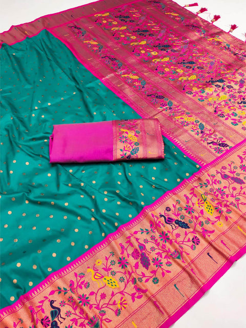 VastraLakshmi Murmurous Rama Paithani Silk Saree With Evanescent Blouse Piece